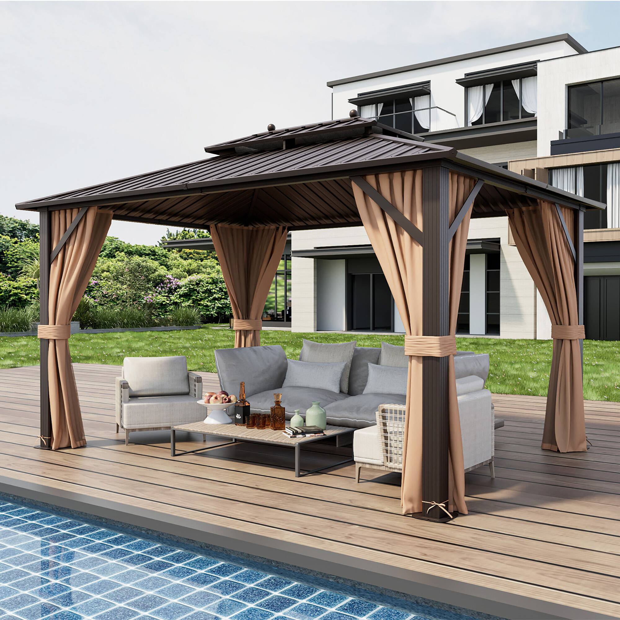 Alt View 1. Gymax - Gymax 10'x13' Patio Double-Roof Hardtop Gazebo w/ Galvanized Steel Roof Aluminum Frame - Tan.