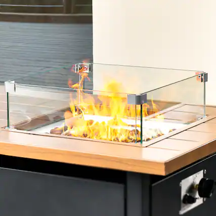 Front. Ovios - Multi-Size Fire Pit Wind Guard Tempered Glass Wind Guard - for 30" Square Fire Pit.