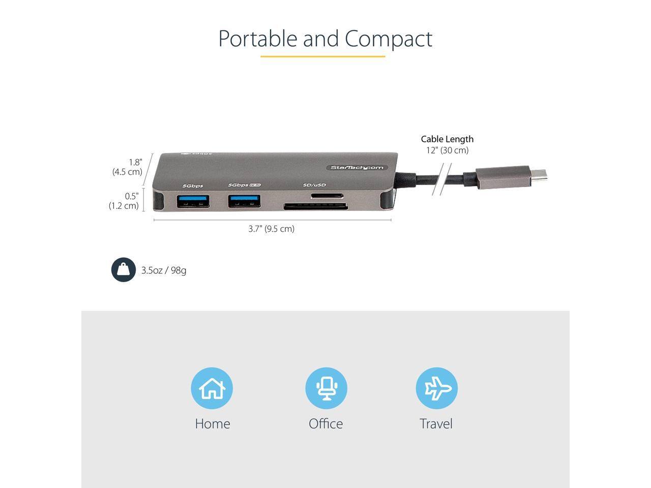 Portable and Compact

1.8" (4.5 cm)  
0.5" (1.2 cm)  
3.7" (9.5 cm)  
3.5oz / 98g  

Cable Length 12" (30 cm)  

5Gbps CEED  
SO/USO  

Home  
Office  
Travel