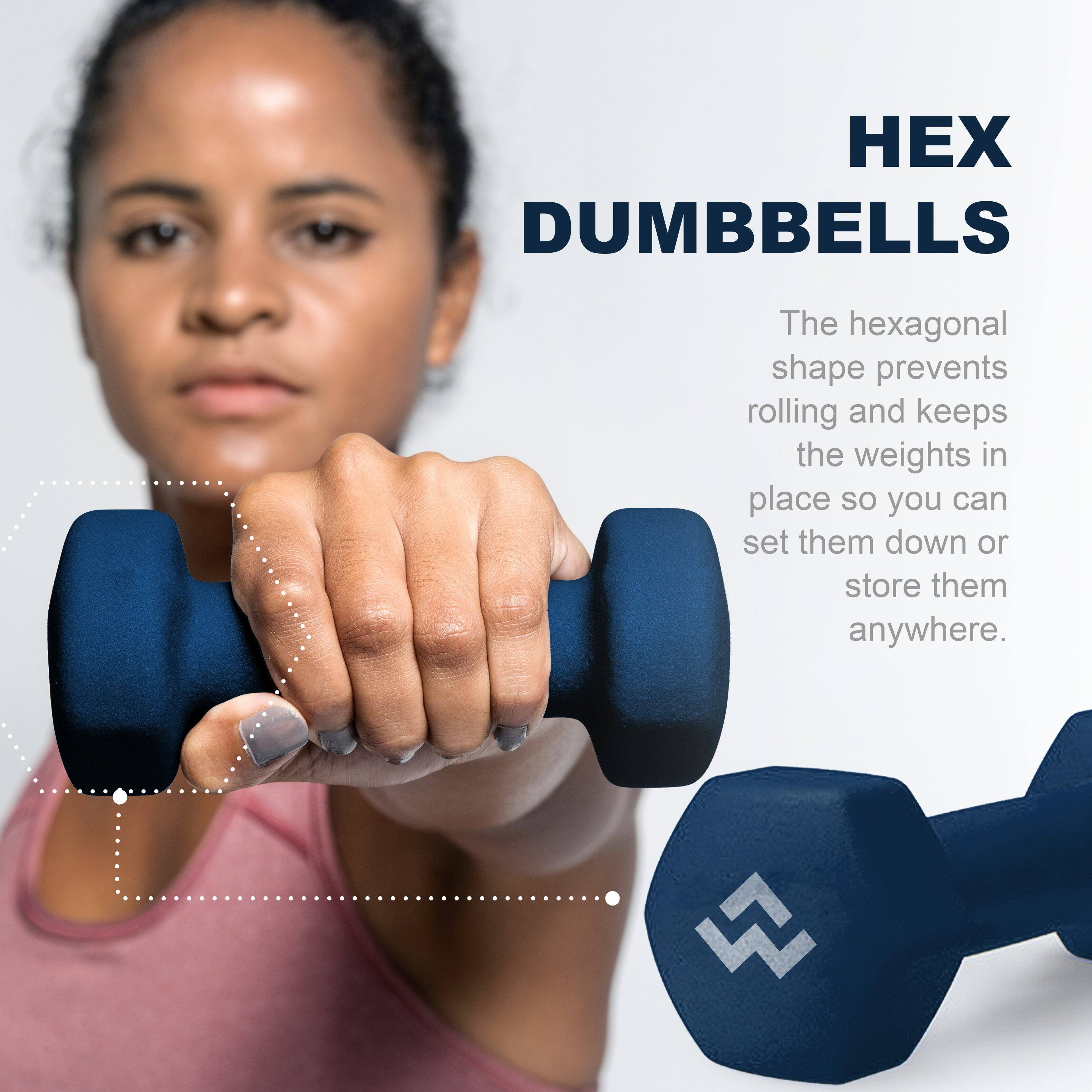 **HEX DUMBBELLS**

The hexagonal shape prevents rolling and keeps the weights in place so you can set them down or store them anywhere.