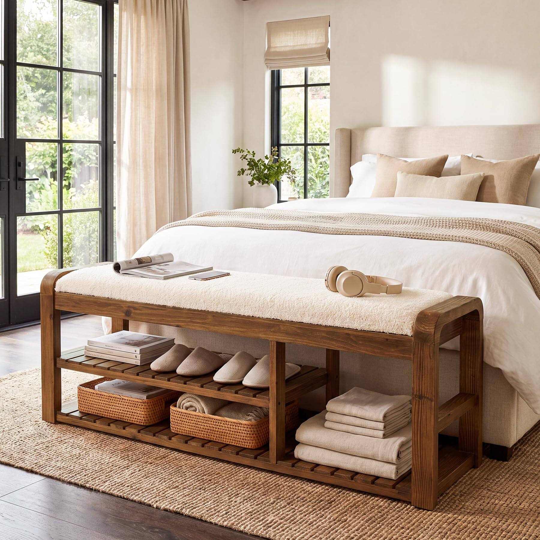 Alt View 2. Tribesigns - Storage Bench with Cushion, 55" Solid Wood Entryway Shoe Rack - Rustic Brown.