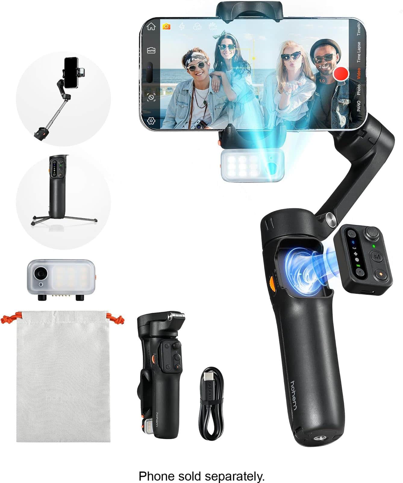 The image features a phone sold separately, along with a tripod, a bag, and a camera. The tripod and camera are designed for time lapse video and photo taking, while the bag is likely used for carrying the equipment. The image also includes a group of people, possibly enjoying a day at the beach.