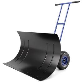 Outsunny - Shovel with Wheels, 29" Metal Snow Pusher with Adjustable Handle, 7-Angle Blade - Blue