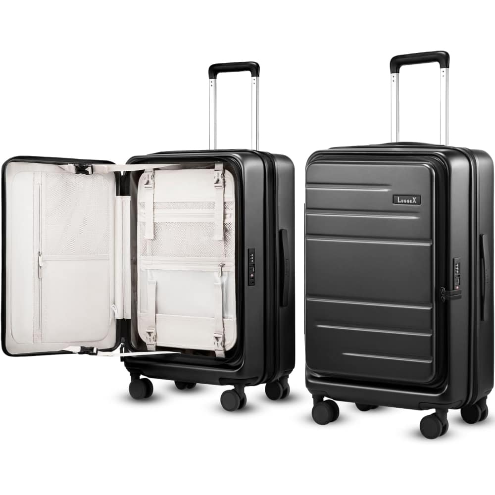 LUGGEX - 24 Inch Checked Luggage - Opening Expandable Polycarbonate Hard Shell Suitcase with TSA Approved Lock - FX-Core - Black