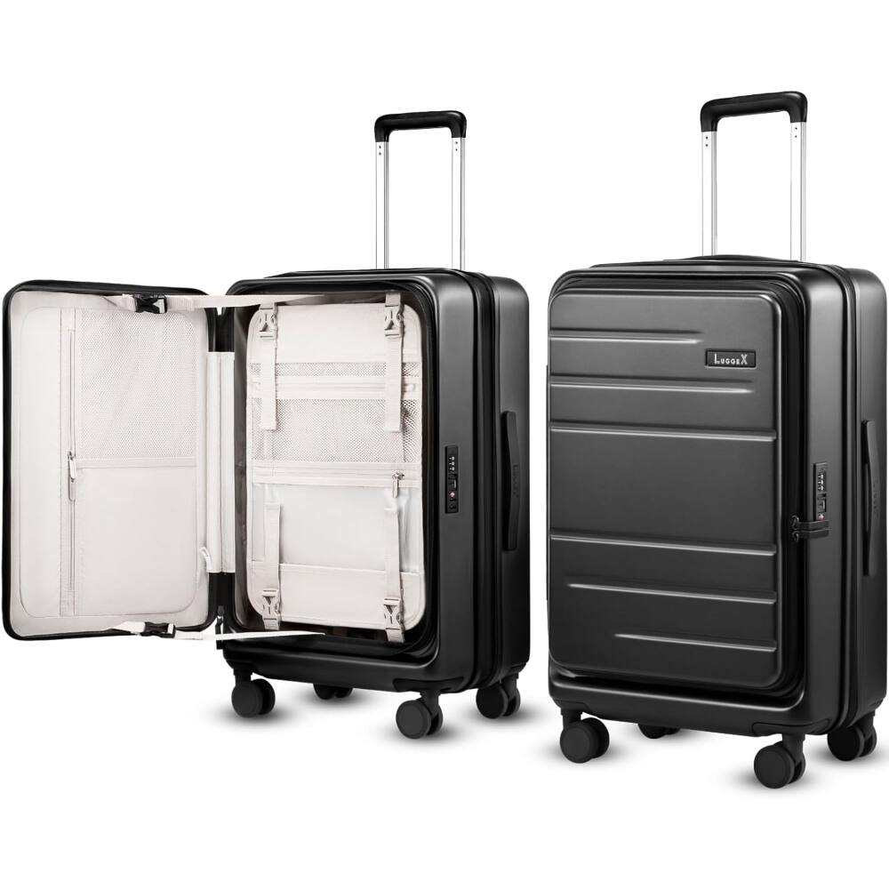 Front. LUGGEX - LUGGEX 24 Inch Checked Luggage - Opening Expandable Polycarbonate Hard Shell Suitcase with TSA Approved Lock - LX-FX - Black.