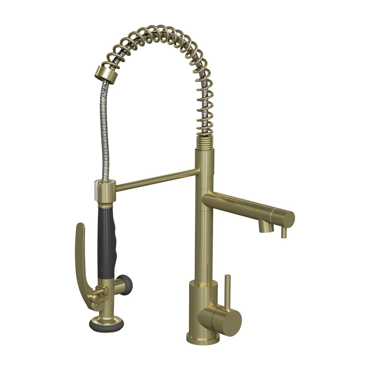 Left. Ropilly - Ropilly Commercial Kitchen Faucet with Pull Down Sprayer, Brushed Gold Spring Single Handle Kitchen Sink Faucet - Brushed Gold.