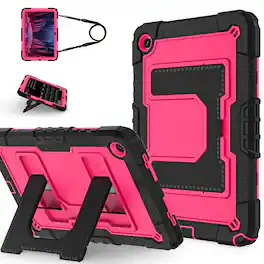 Dteck - Heavy Duty Rugged Case for Samsung Galaxy Tab A11+ / A9+ 11 Inch with Multi-Angle Kickstand and Shoulder Strap - Black+Rose