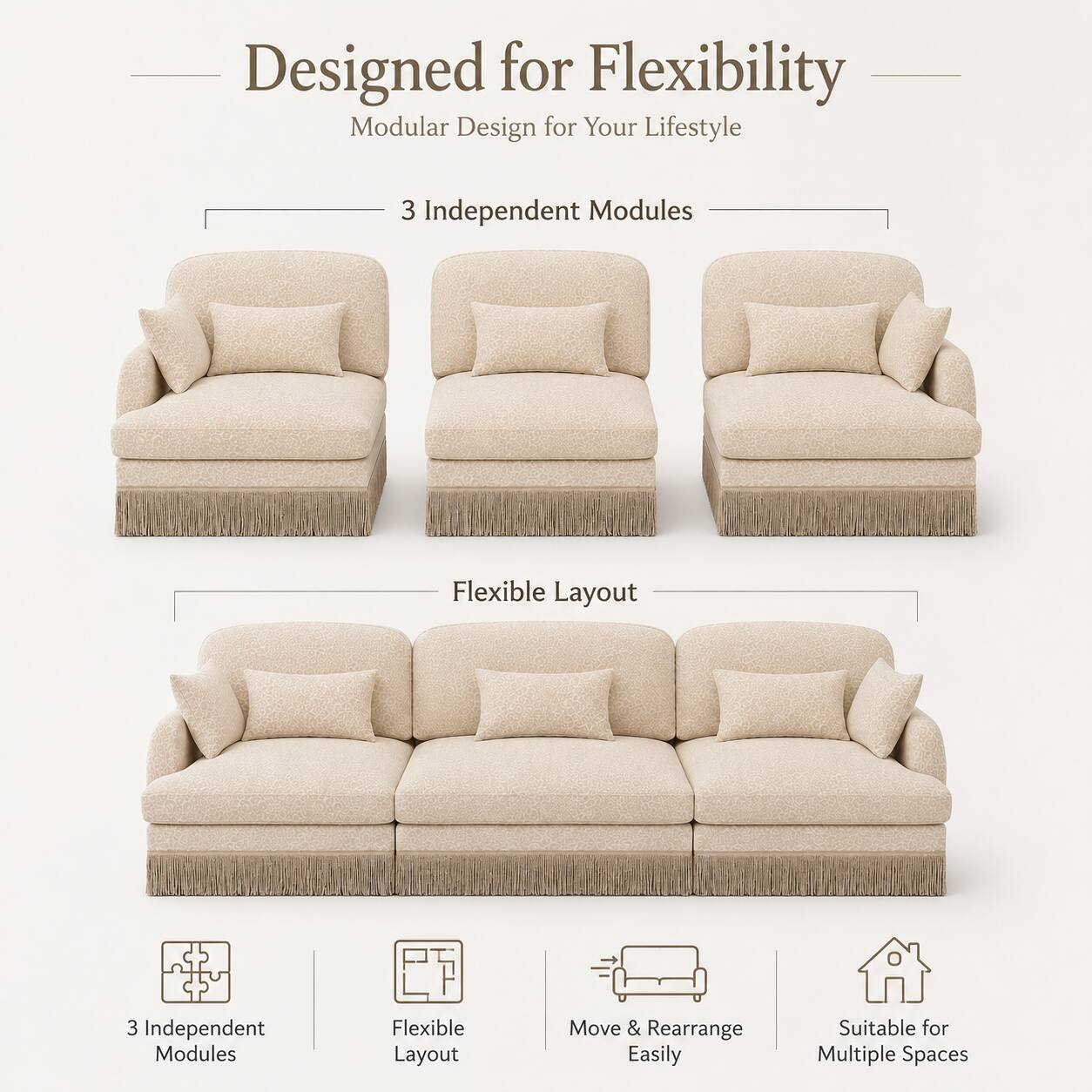 Designed for Flexibility  
Modular Design for Your Lifestyle  

3 Independent Modules  
Flexible Layout  

Move & Rearrange Easily  
Suitable for Multiple Spaces