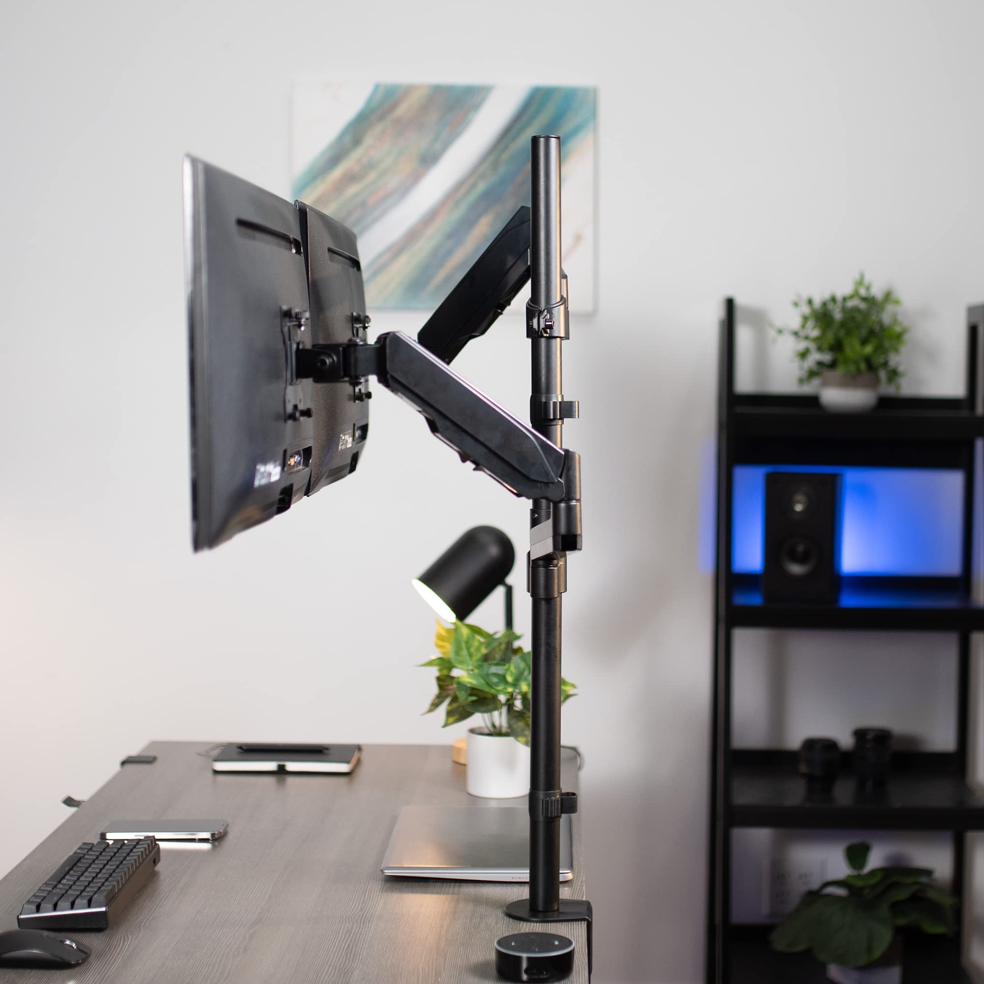 Alt View 5. Earthley Blooms - Dual Monitor Arm Extra Tall Mount Screens Up 32 Inches Pneumatic Height Adjustment Full Articulating Heavy - Black.