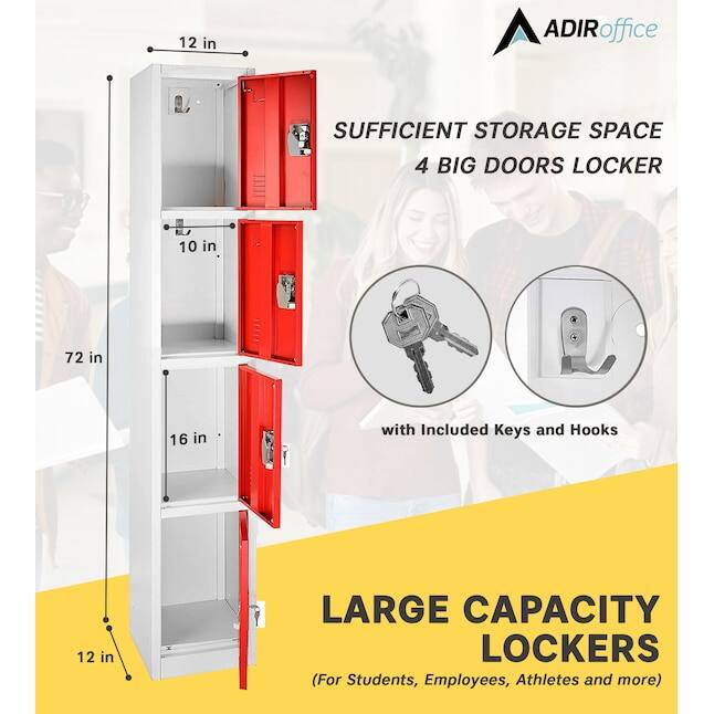 ADIRoffice SUFFICIENT STORAGE SPACE 4 BIG DOORS LOCKER with Included Keys and Hooks LARGE CAPACITY LOCKERS (For Students, Employees, Athletes and more) 12 in 10 in 72 in 16 in