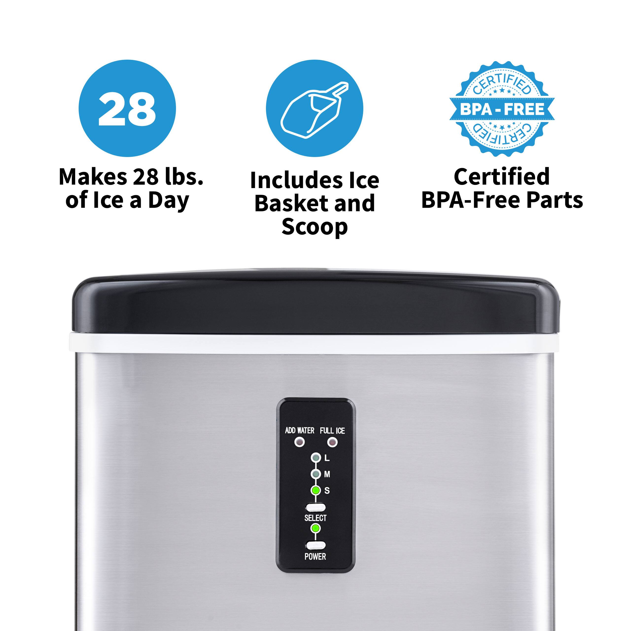 The image features a large ice maker with a stainless steel finish. It is certified BPA-free and can make up to 28 pounds of ice a day. The ice maker includes an ice basket and scoop for easy use. The machine is also designed with environmentally friendly parts, making it a great choice for those who care about the environment.