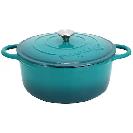 Front. MegaChef - MegaChef 6.35 Quart Round Enameled Cast Iron Dutch Oven with Self Basting Lid in Teal - Teal.