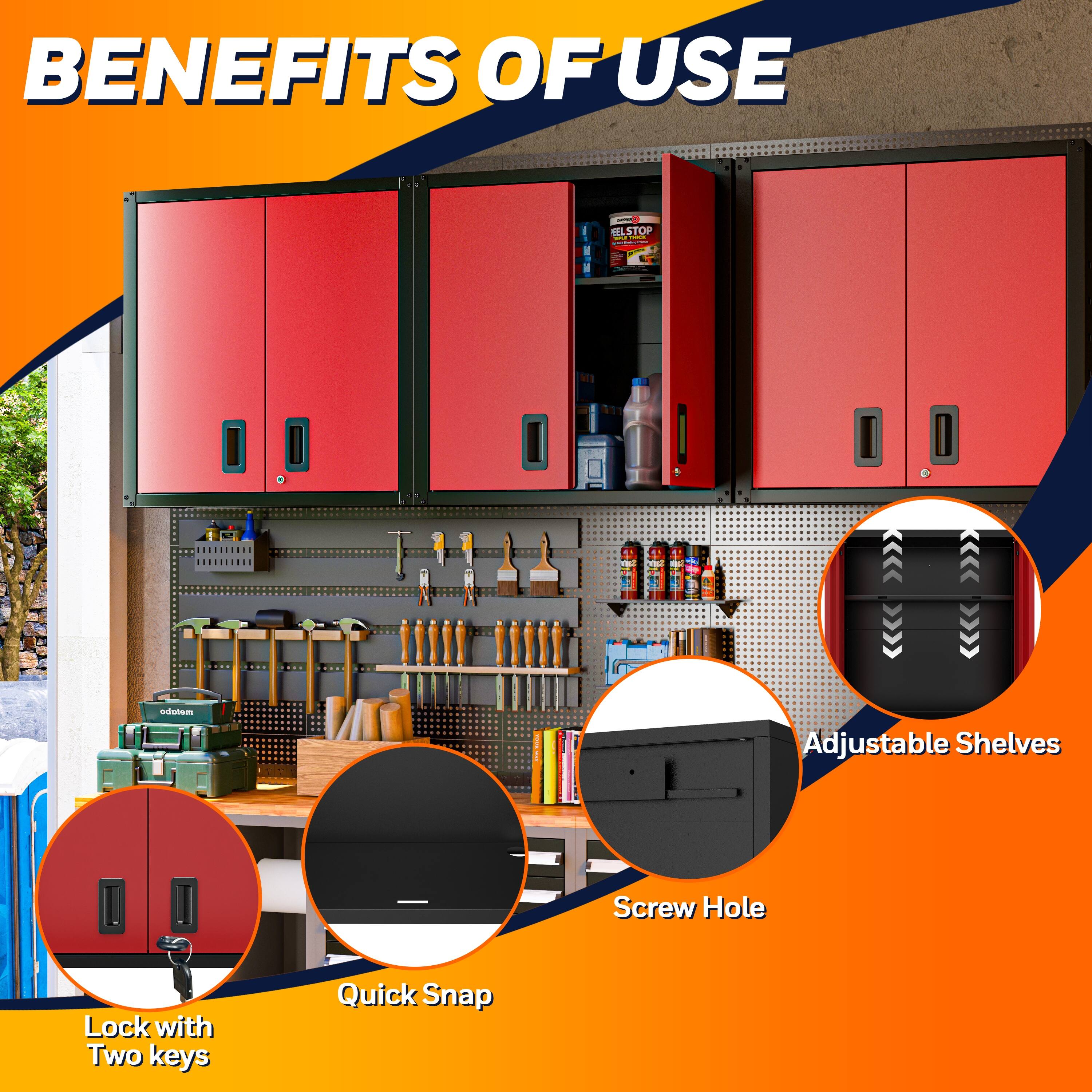 BENEFITS OF USE

- Adjustable Shelves
- Screw Hole
- Quick Snap
- Lock with Two keys