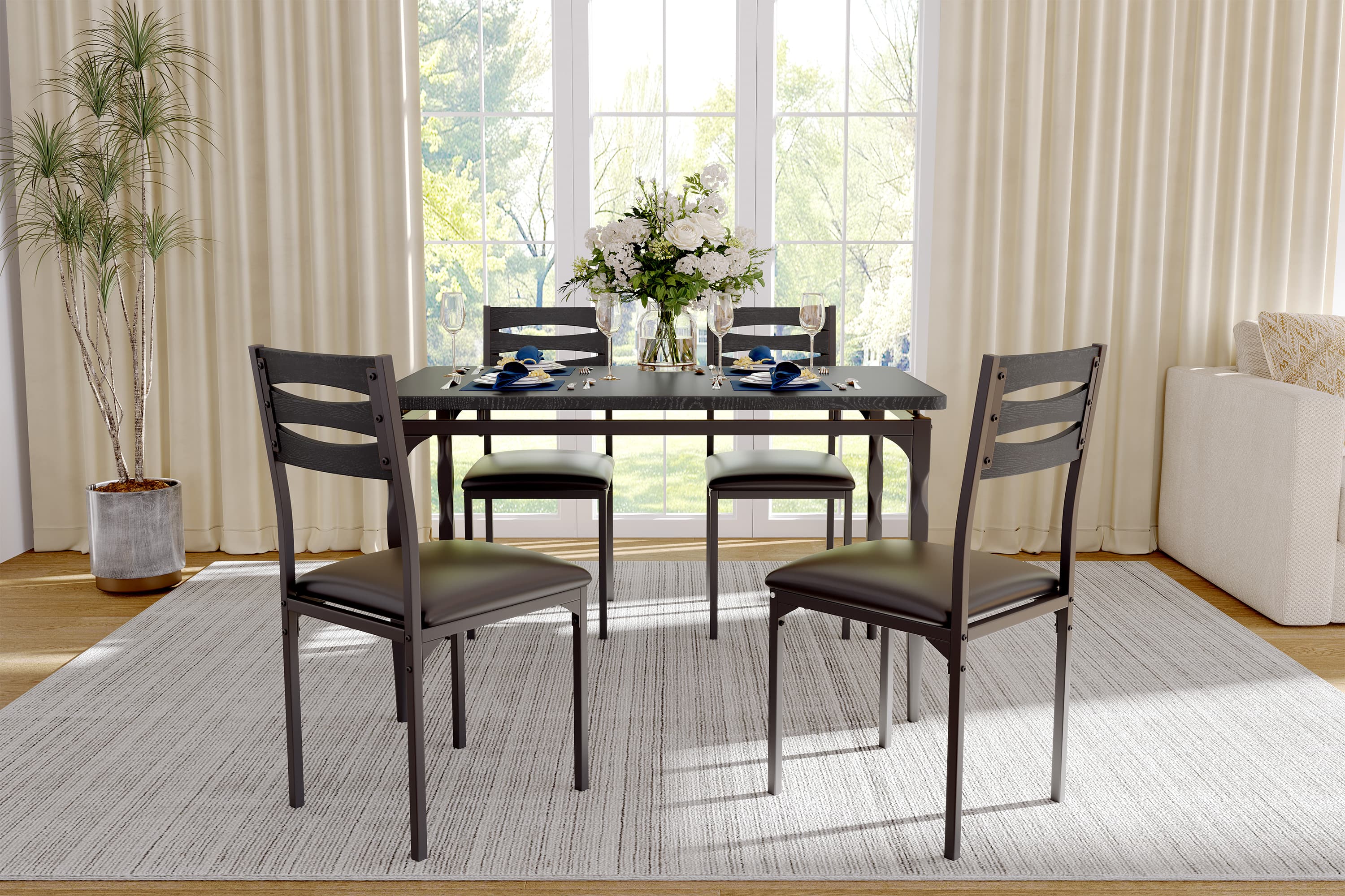 Homhougo - Dining Table Set for 4, 5 Piece Dining Table and Chairs Set of 4 - Black