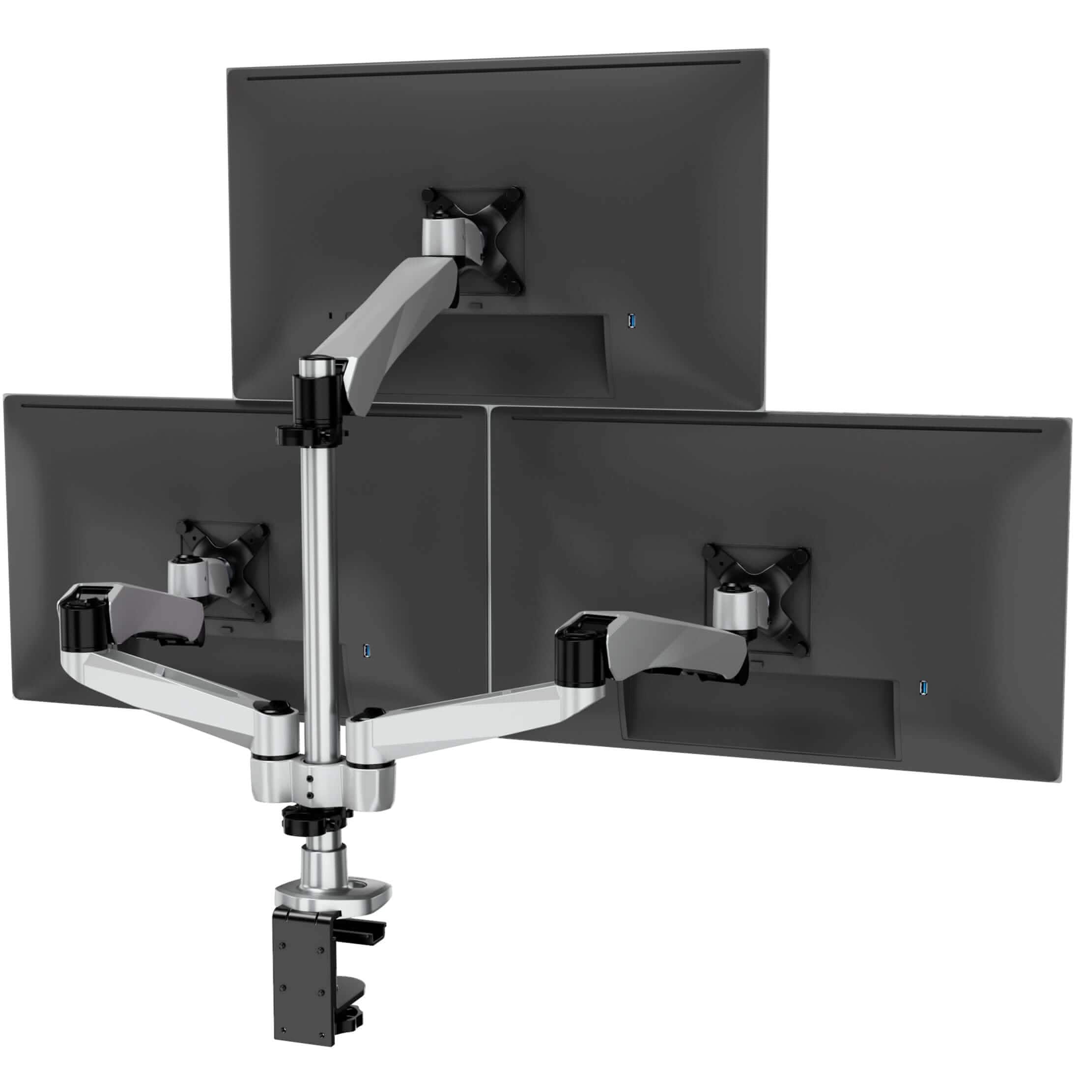Mount-It! - CLiX Series Articulating Triple Pyramid Monitor Desk Mount – Full Motion Stand for Three Screens, Height Adjustable - Silver