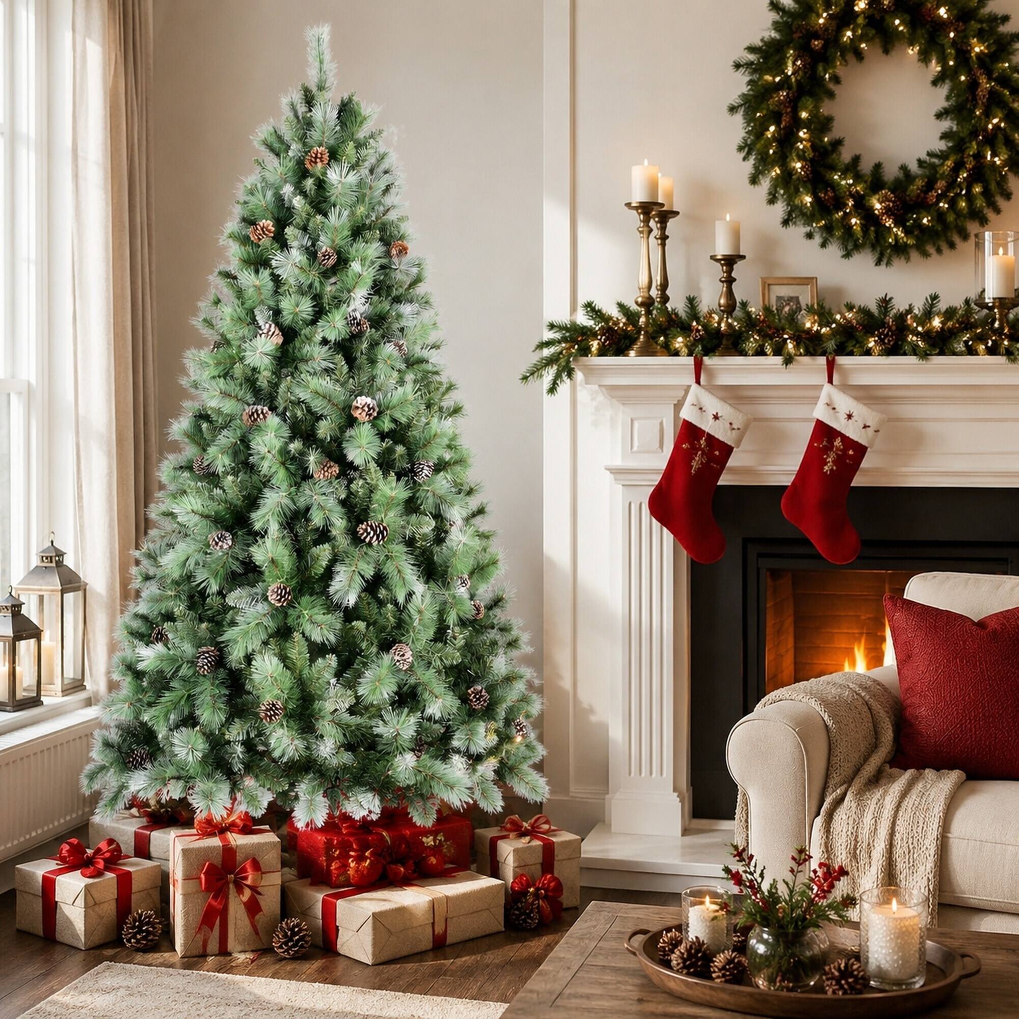 Left. RYHNUYNE - 6FT Christmas Tree With 66 Pine Cones, 988 Mixed PVC Hard Needle Branches Hinged Structure Sturdy Metal Stand - Green.
