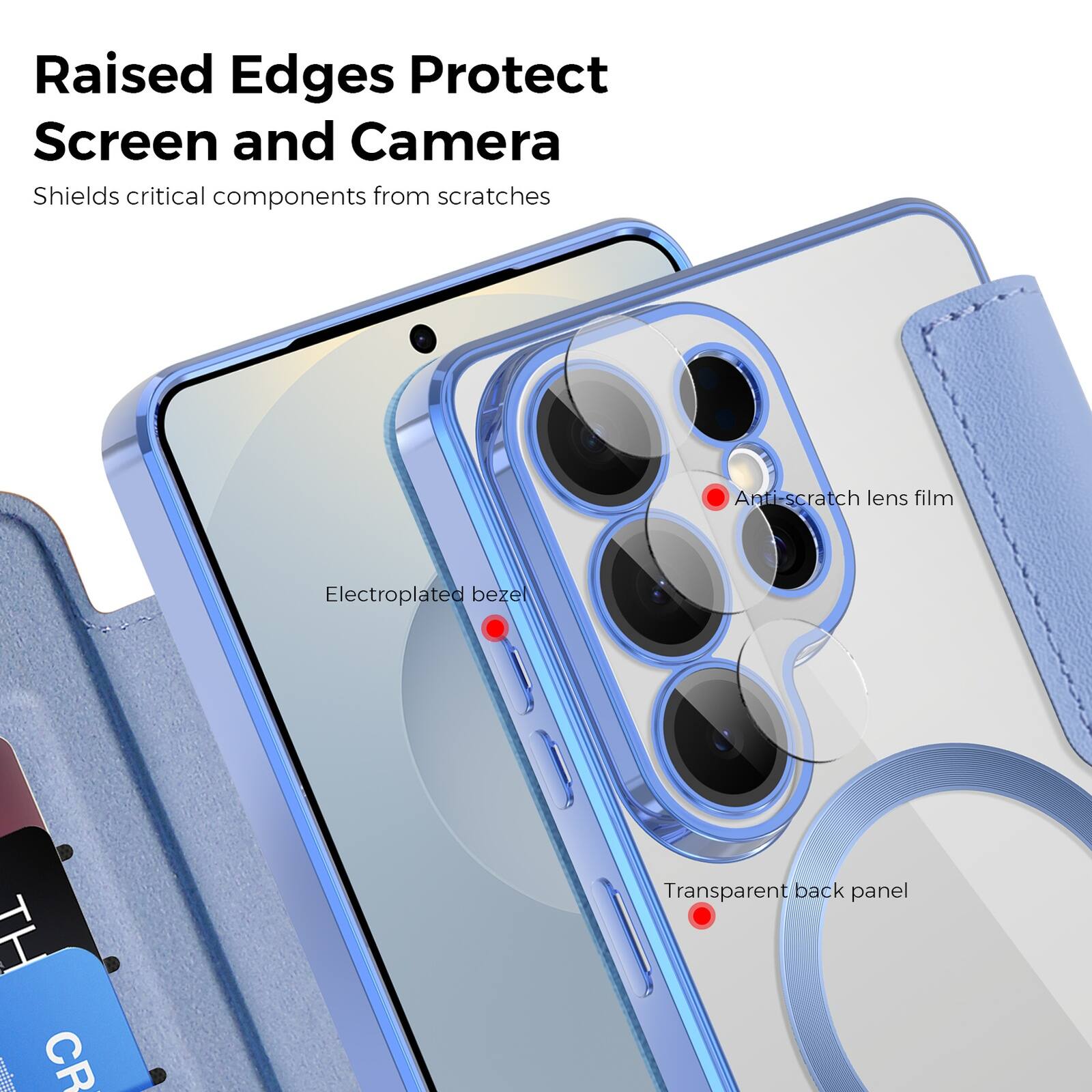 Raised Edges Protect Screen and Camera  
Shields critical components from scratches  

Anti-scratch lens film  
Electroplated bezel  
Transparent back panel