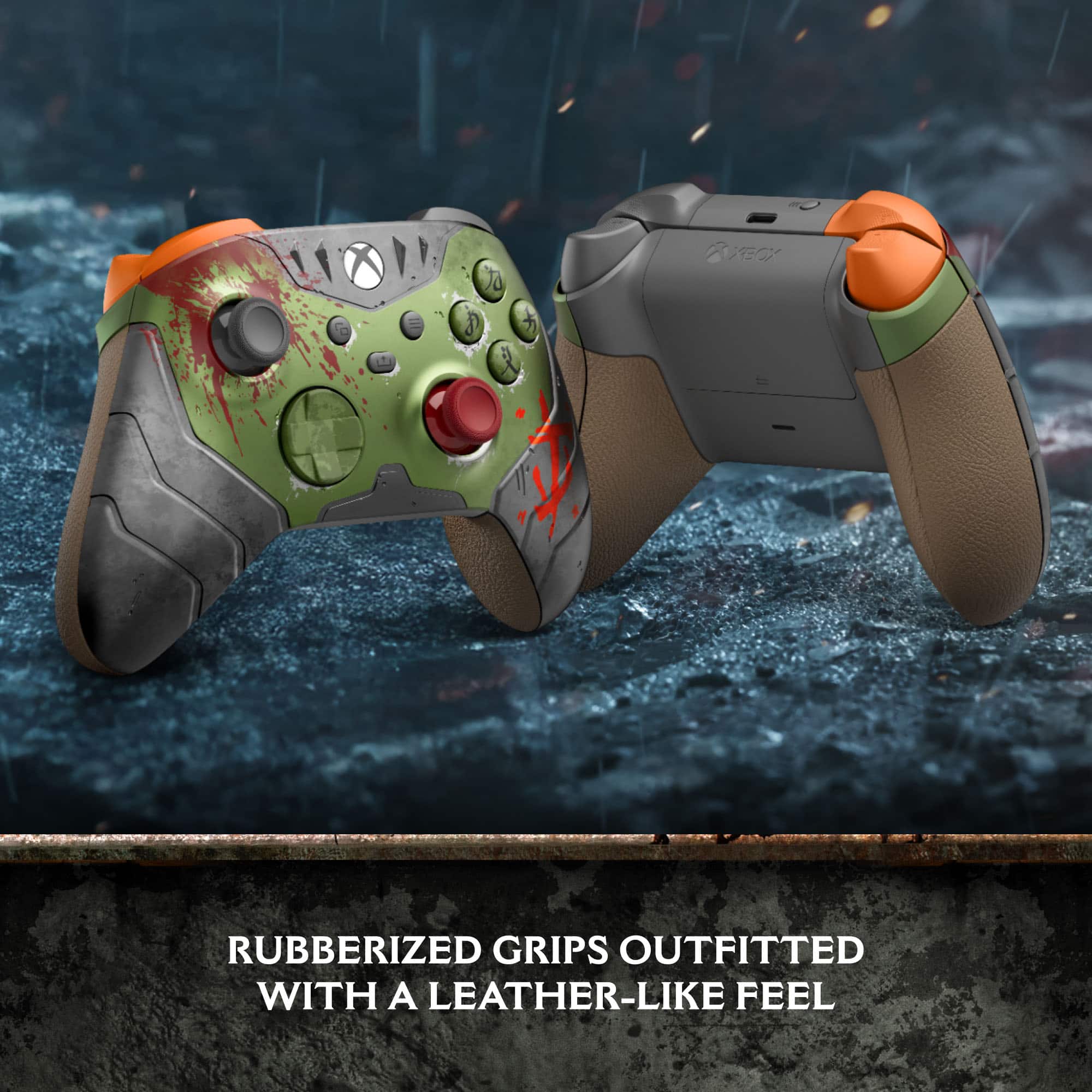The text on the image reads: "XECX Rubberized Grips Outfitted with a Leather-Like Feel."