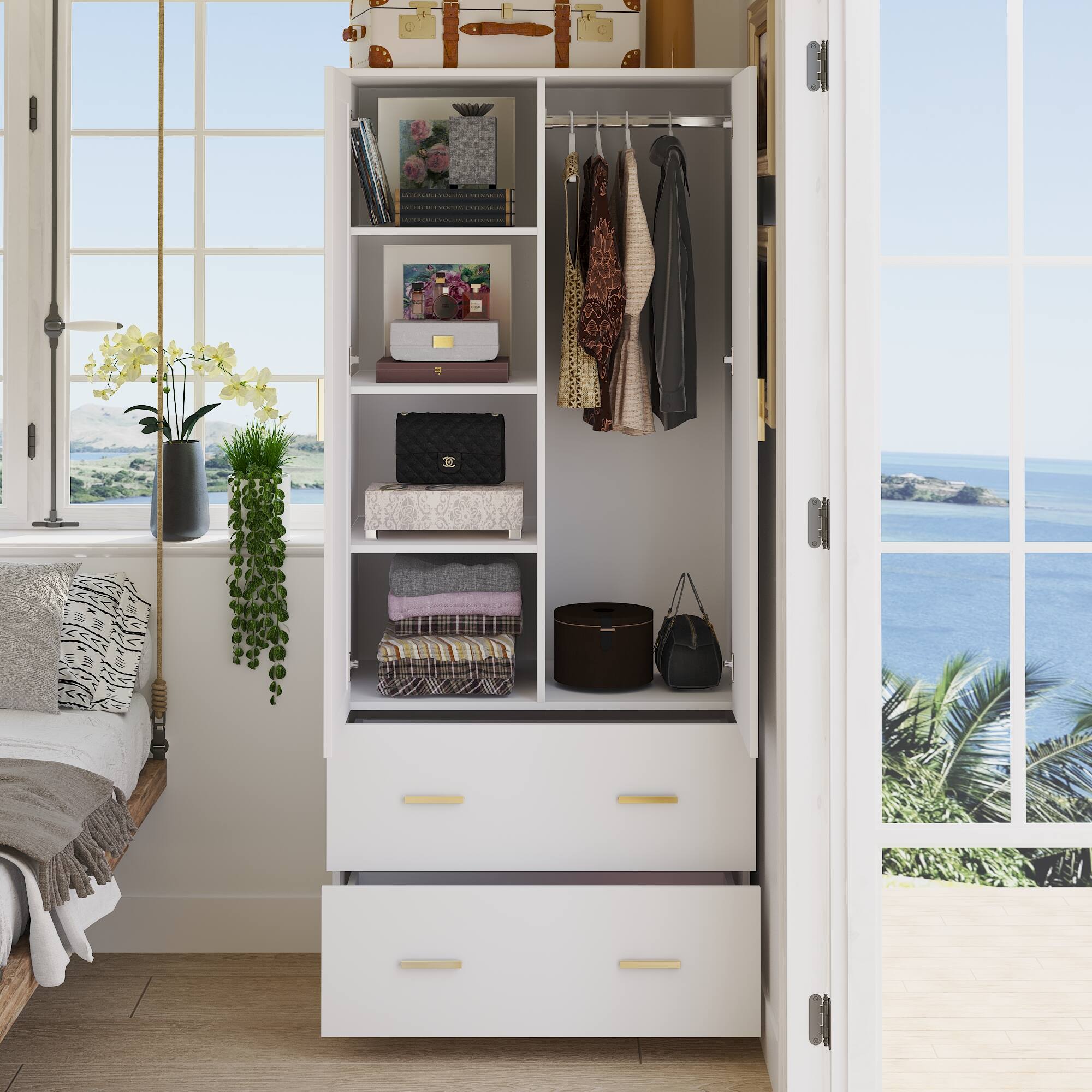 Angle. FUFU & GAGA - Luxury Single Wardrobe with Mirror for Bedroom, Compact Closet with Hanging Rod, Drawer & Shelves, Small Space Storage - White.