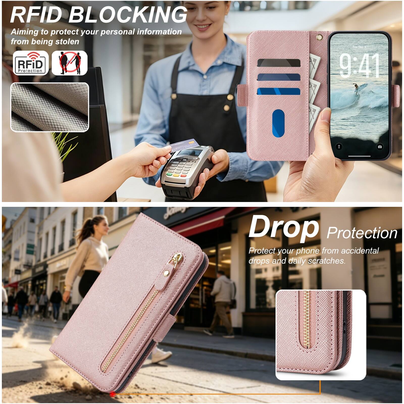 RFID BLOCKING  
Aiming to protect your personal information from being stolen  

RFID Protection  

9:41  

Drop Protection  
Protect your phone from accidental drops and daily scratches.