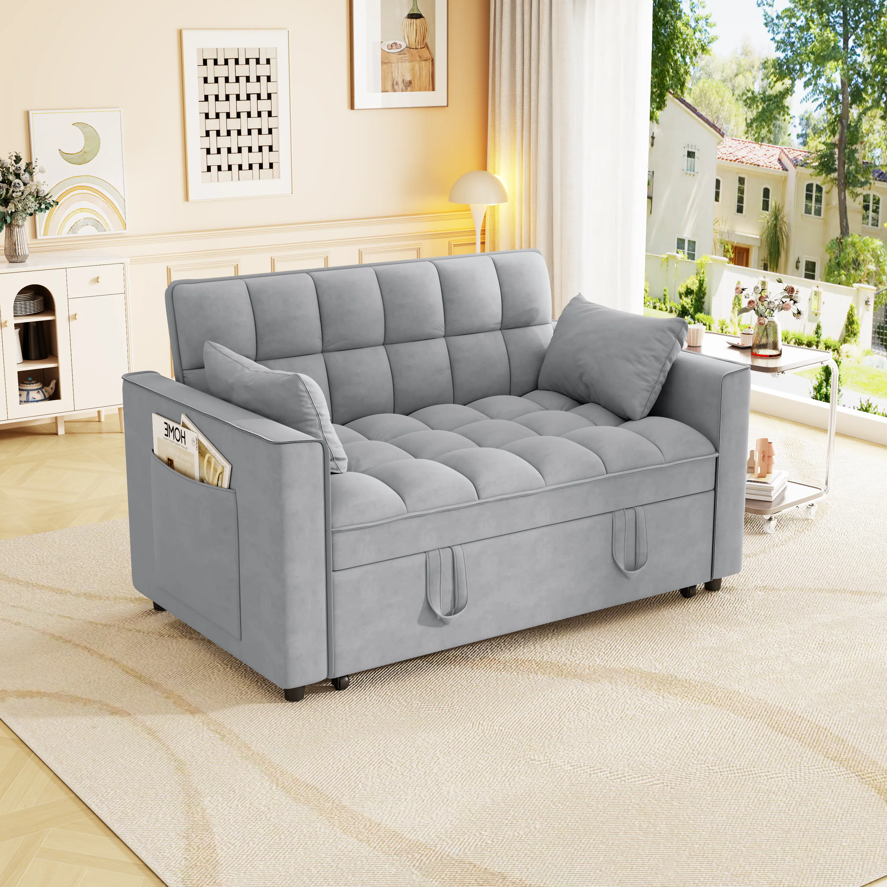 Angle. Anysun - Modern Velvet Convertible Sleeper Sofa Bed with Pull-Out Bed, Pillows & Side Pockets for Small Spaces - Light Gray.