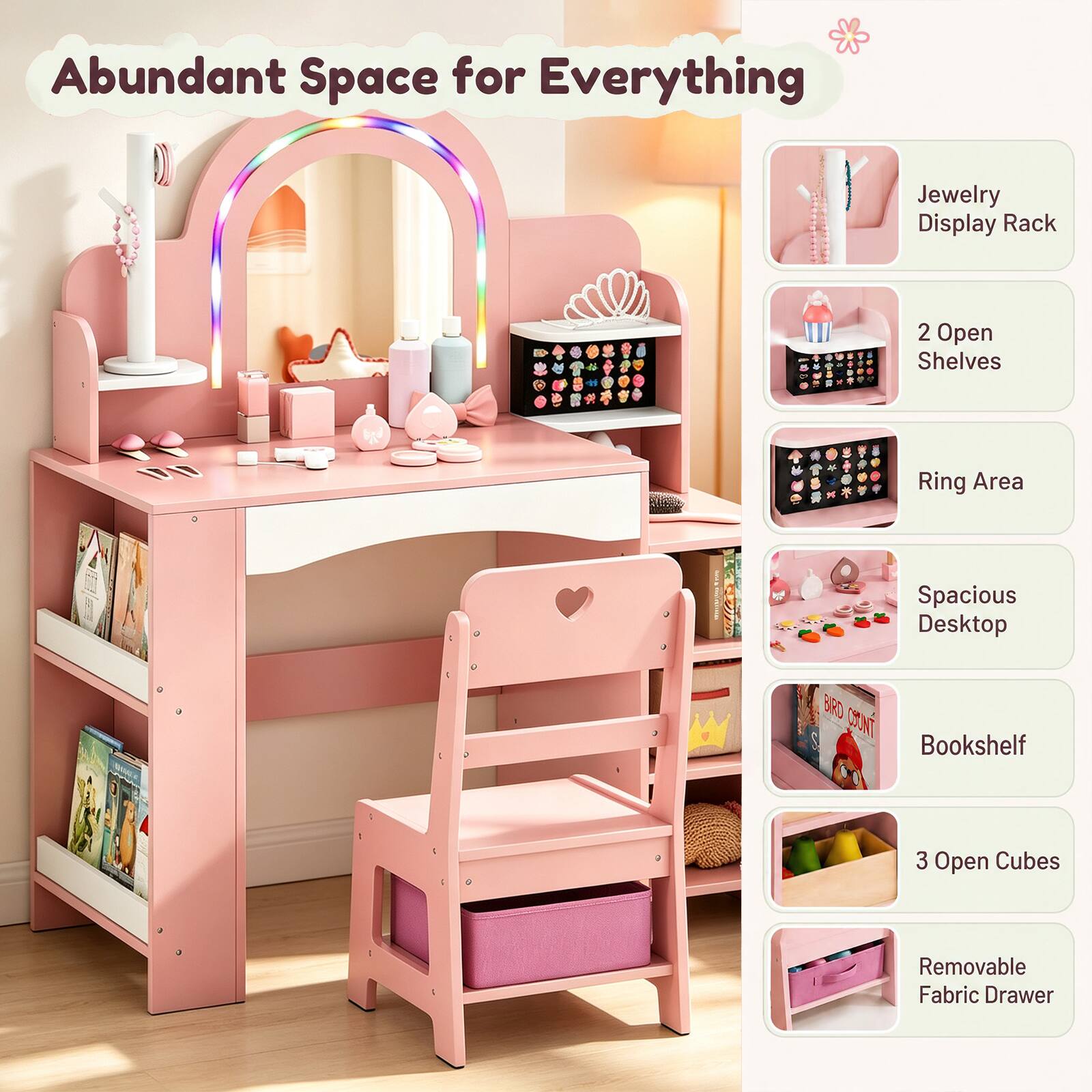 Abundant Space for Everything

Jewelry Display Rack
2 Open Shelves
Ring Area
Spacious Desktop
Bookshelf
3 Open Cubes
Removable Fabric Drawer