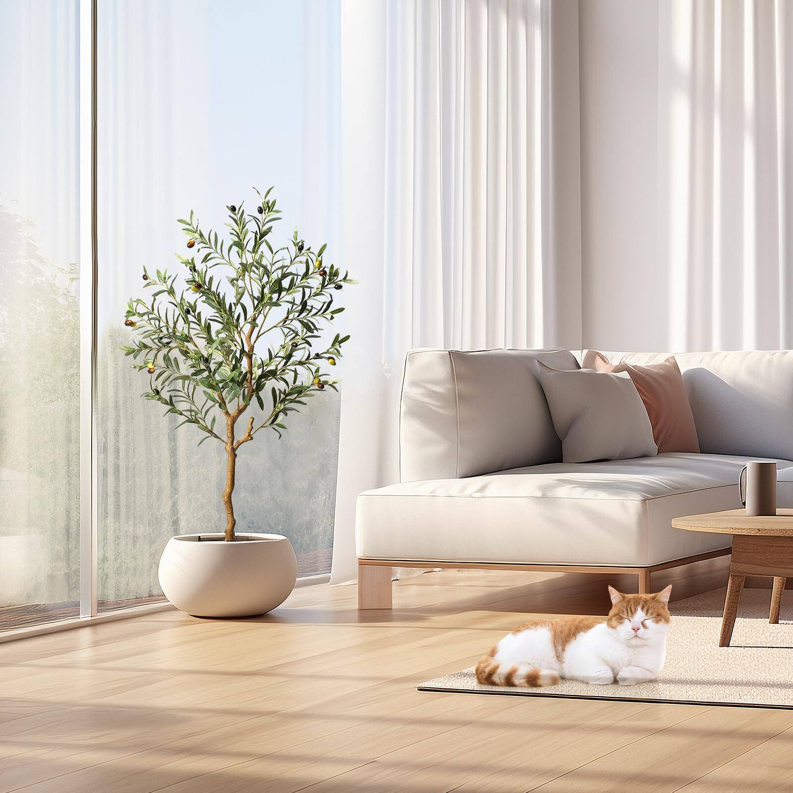 Left. Homhougo - 2pcs Artificial Olive Tree 4.25FT(51in) Tall Faux Silk Olive Trees - Green.