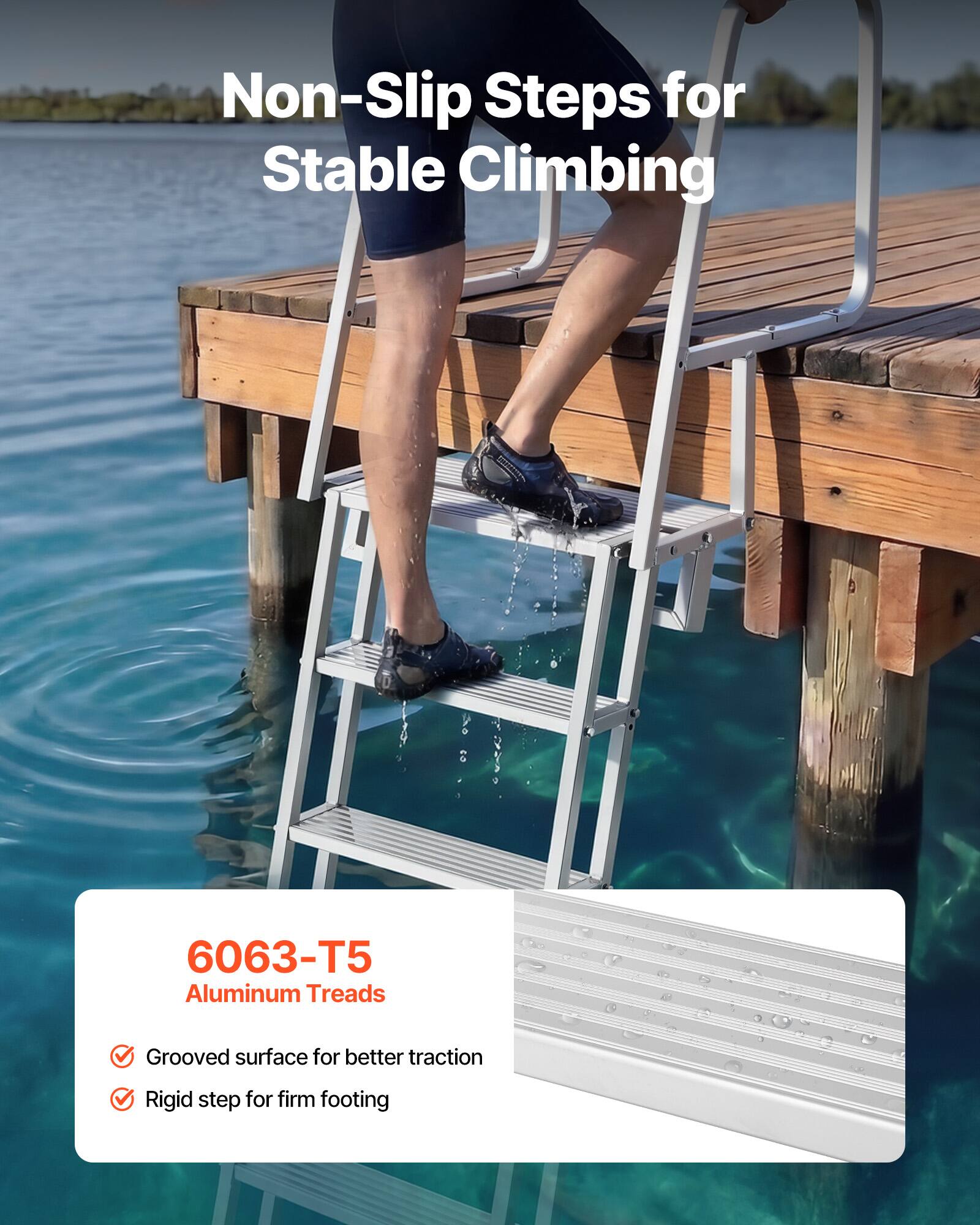 Non-Slip Steps for Stable Climbing

6063-T5 Aluminum Treads
- Grooved surface for better traction
- Rigid step for firm footing