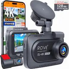 02:35 Live Video 4K DUAL STARVIS 2 20MBPS DOWNLOAD SPEED 5GHz ROVE PRO 128 GB @ my2 10 3 A2 V30 AL - ROVE R2-4K DUAL REAR CAMIONO Class microSD Card US POWER Recau D WiFi HOR POWER/DATA 02 IE 01 RO NE MENU MIT R2 R2-4K DUAL TM ROVE R2-4K DUAL