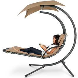 Best Choice Products - Hanging Curved Chaise Lounge Chair Swing w/ Pillow, Shade, Stand - Tan