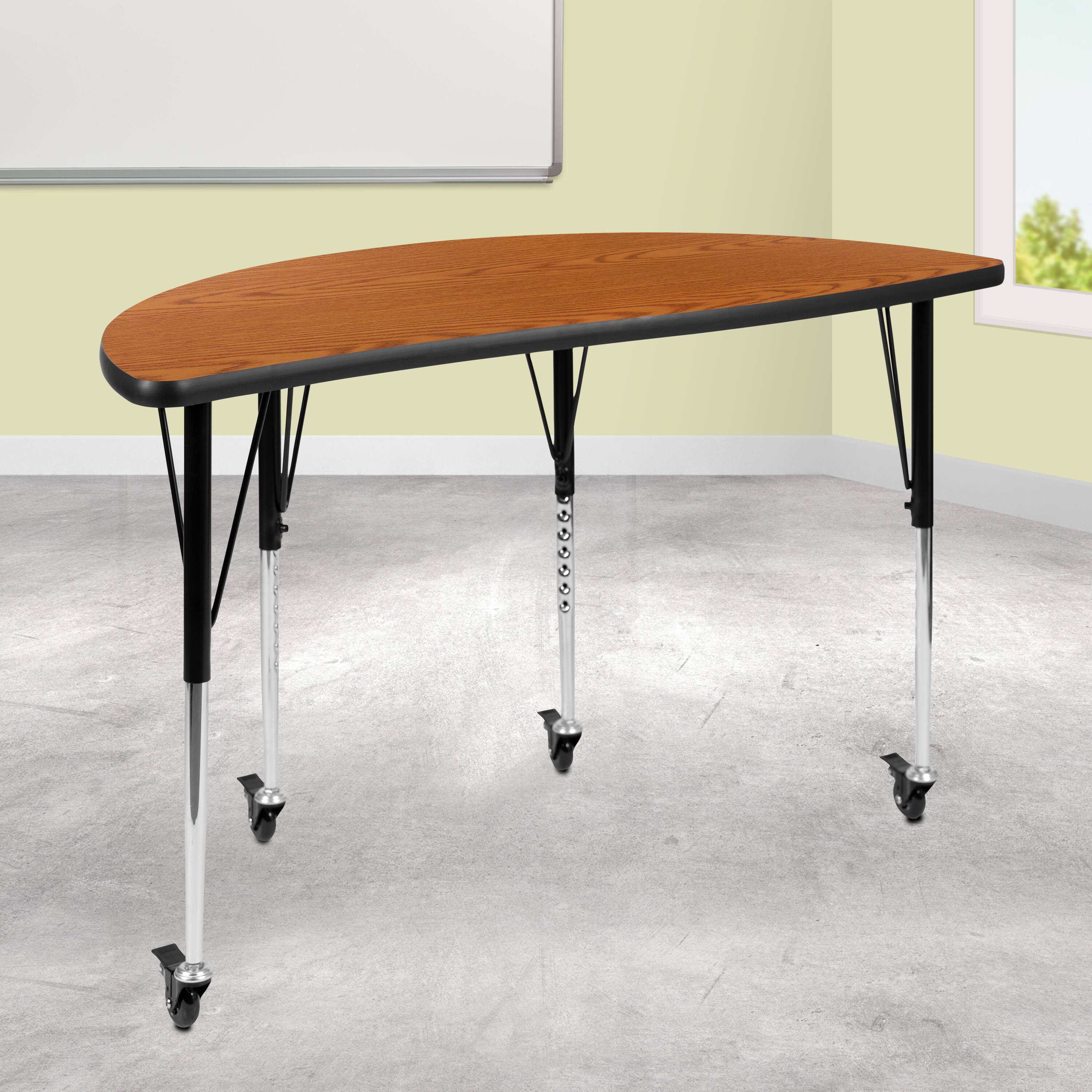 Alt View 1. Emma + Oliver - Mobile 47.5" Half Circle Wave Flexible Collaborative Adjustable Height Activity Table - Oak.