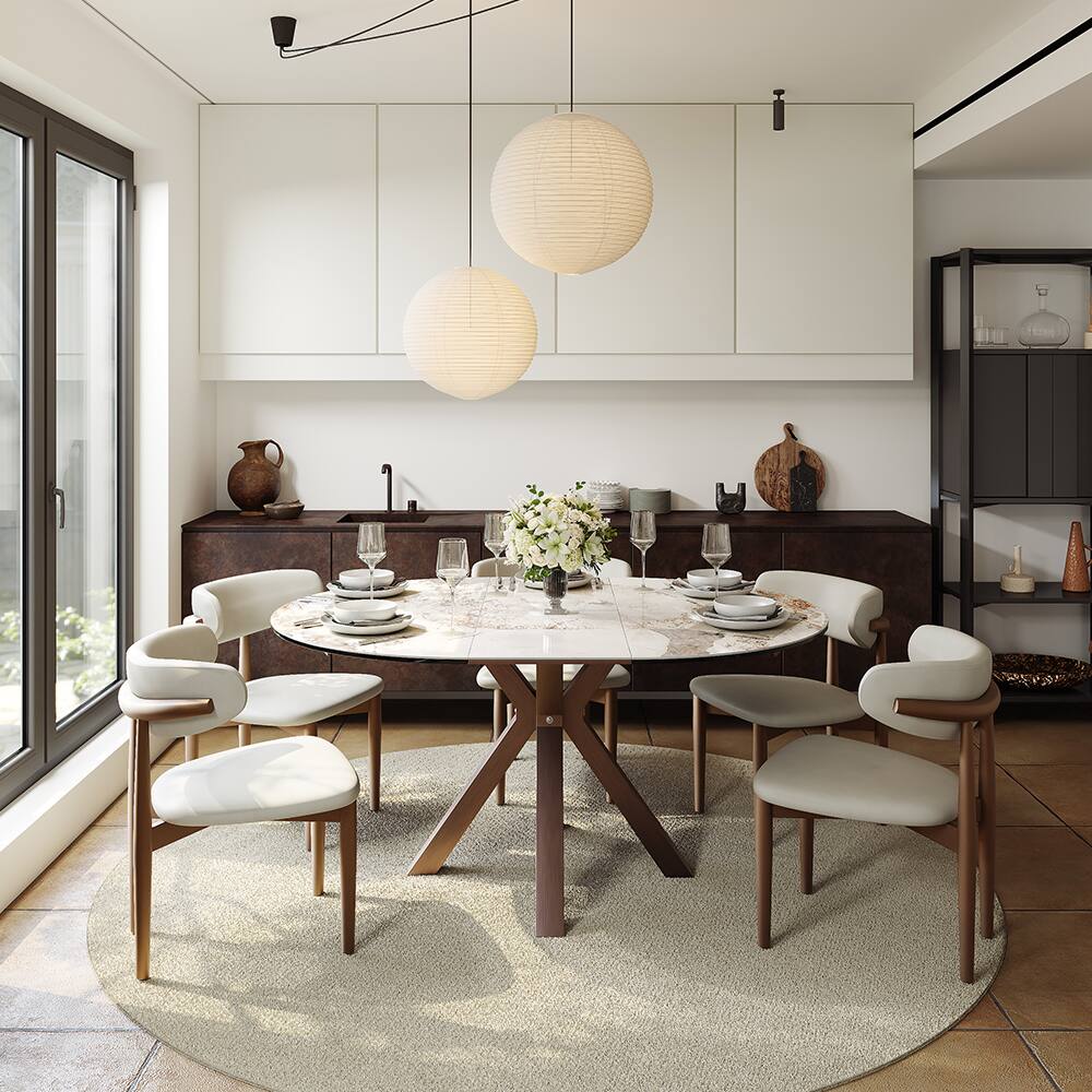 Angle. POVISON - 47"-63" Oval Extendable Dining Table for 4-6 People, Glossy Pandora Stone Top with Bronze Steel Base - Pandora.