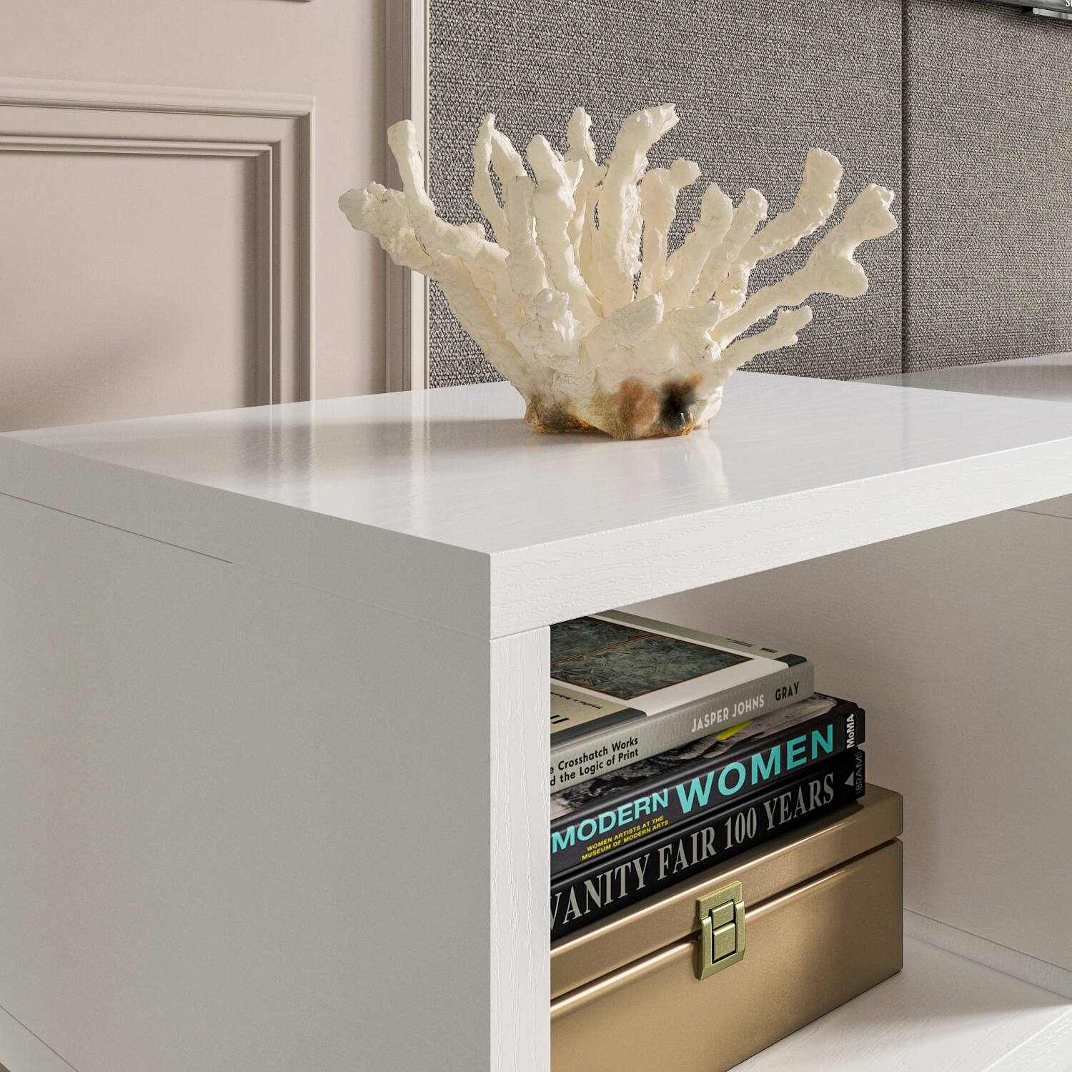The image features a white table with a variety of items on it. There is a white bookshelf with a collection of books, including a book titled "Women: 100 Years of Fashion." Above the bookshelf, there is a decorative white coral piece, which adds a touch of elegance to the scene. The table also has a small box on it, possibly containing other items or decorations.