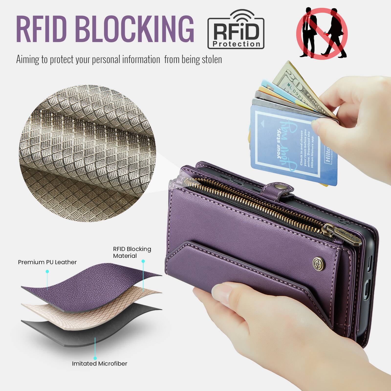 RFID BLOCKING  
Aiming to protect your personal information from being stolen  

RFiD Protection  

Premium PU Leather  
RFID Blocking Material  
Imitated Microfiber