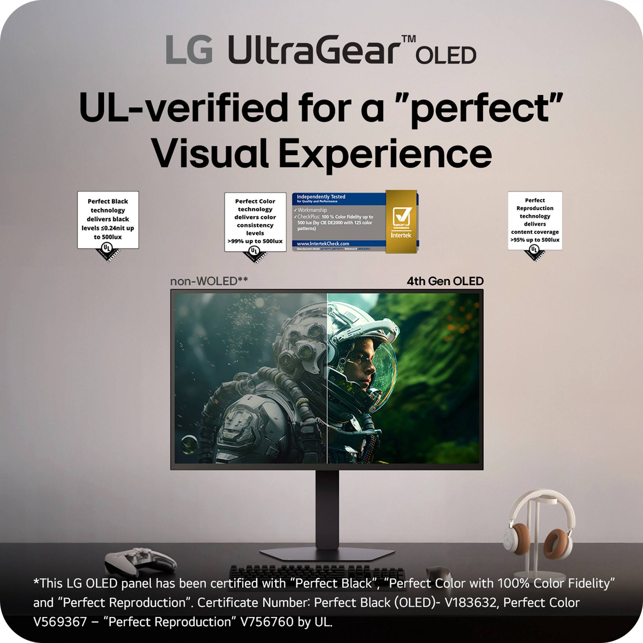 LG UltraGear™ OLED  
UL-verified for a "perfect" Visual Experience  

Perfect Black technology delivers black levels to 0.24nit up to 500lux  
Perfect Color technology delivers color consistency to 500lux  
Perfect Reproduction technology delivers content coverage to 500lux  

*This LG OLED panel has been certified with "Perfect Black", "Perfect Color with 100% Color Fidelity" and "Perfect Reproduction".  
Certificate Number:  
- Perfect Black (OLED) - V183632  
- Perfect Color - V569367  
- Perfect Reproduction - V756760 by UL.  

www.intertek.com  

4th Gen OLED  

non-WOLED**