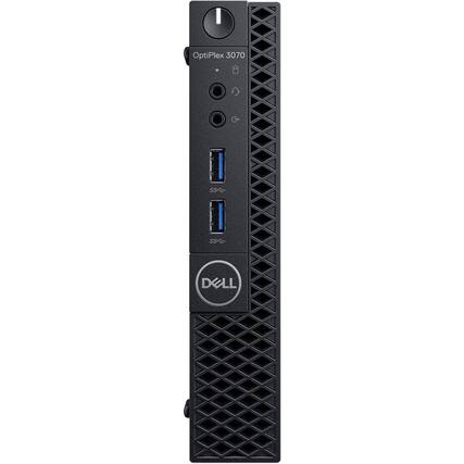 The image features a black desktop computer tower, specifically a Dell OptiPlex 3070 SSE, with a USB port on the front. The tower is standing upright, and the USB port is located at the bottom of the device.