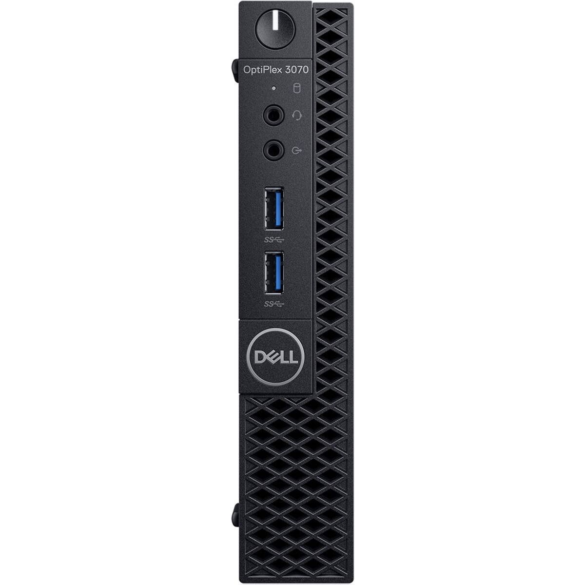 The image features a black desktop computer tower, specifically a Dell OptiPlex 3070 SSE, with a USB port on the front. The tower is standing upright, and the USB port is located at the bottom of the device.