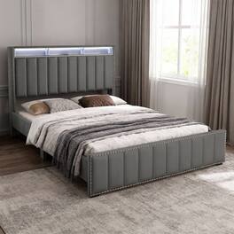 Parrot Uncle - Contemporary Velvet Platform Bed With LED Lights and Nailhead Trim - Gray