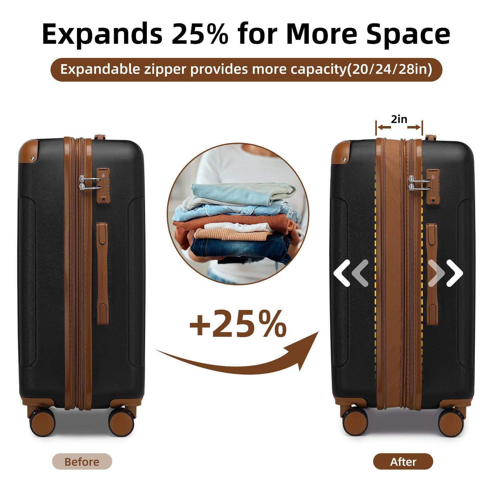 Expands 25% for More Space  
Expandable zipper provides more capacity (20/24/28in)  
+25%  
Before  
After