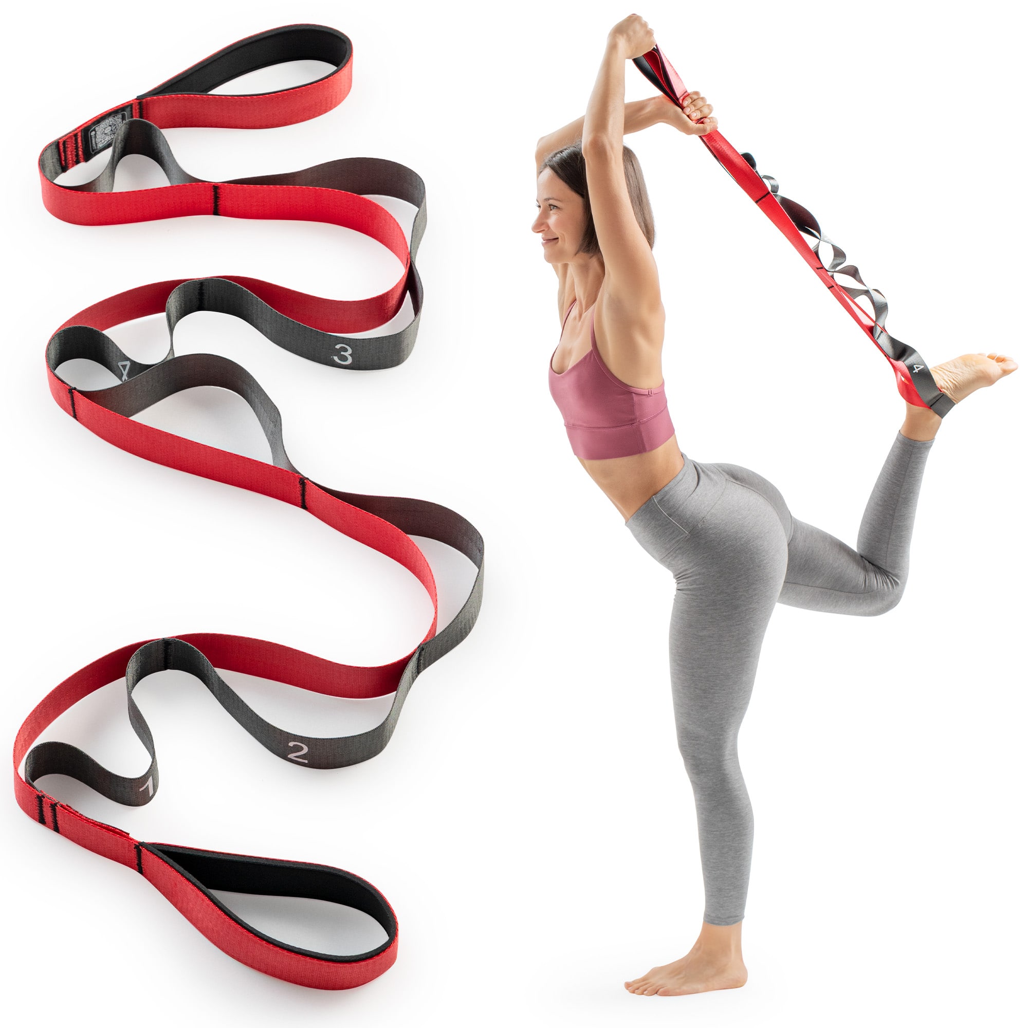 Sunny Health & Fitness - Premium Yoga Stretch Strap with 8 Individual Grip Loops - Black