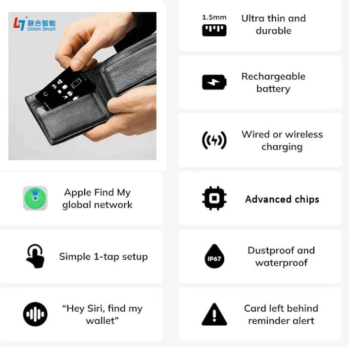 L7 Union Smart

1.5mm Ultra thin and durable

Rechargeable battery

Wired or wireless charging

Apple Find My global network

Simple 1-tap setup

"Hey Siri, find my wallet"

Advanced chips

Dustproof and waterproof (IP67)

Card left behind reminder alert