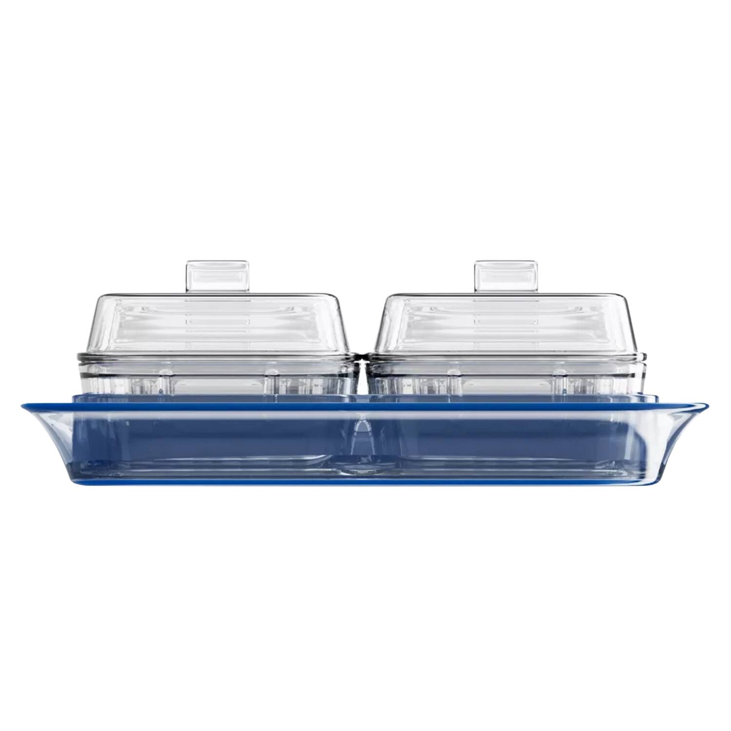 Angle. Jay Import - Indigo Blue Acrylic Tray & Clear Dishes with Lids.