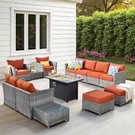 Ovios - 13 PCS Patio Furniture Set Sectional Sofa Comfy Armchair with Ottoman & 42" Fire Pit Table No Assembly Required - Orange Red
