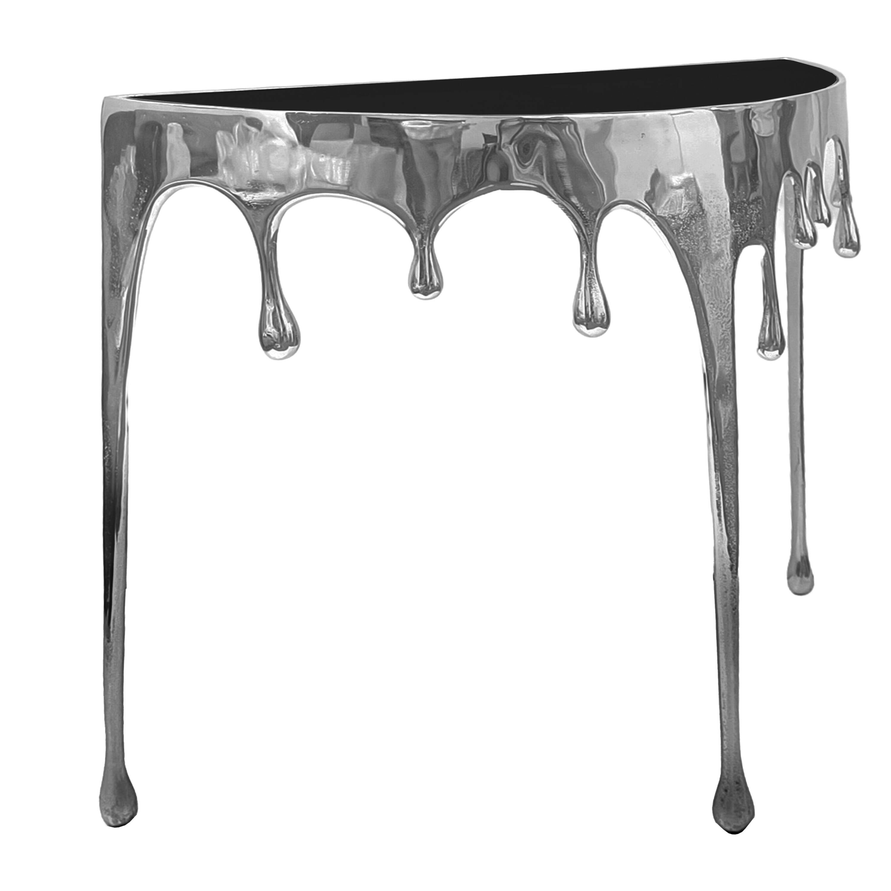 Front. Manhattan Lane - Capri Sofa Console Table | 36.25" Half Moon Glass Top | Melting Drip Design - Silver, Black.