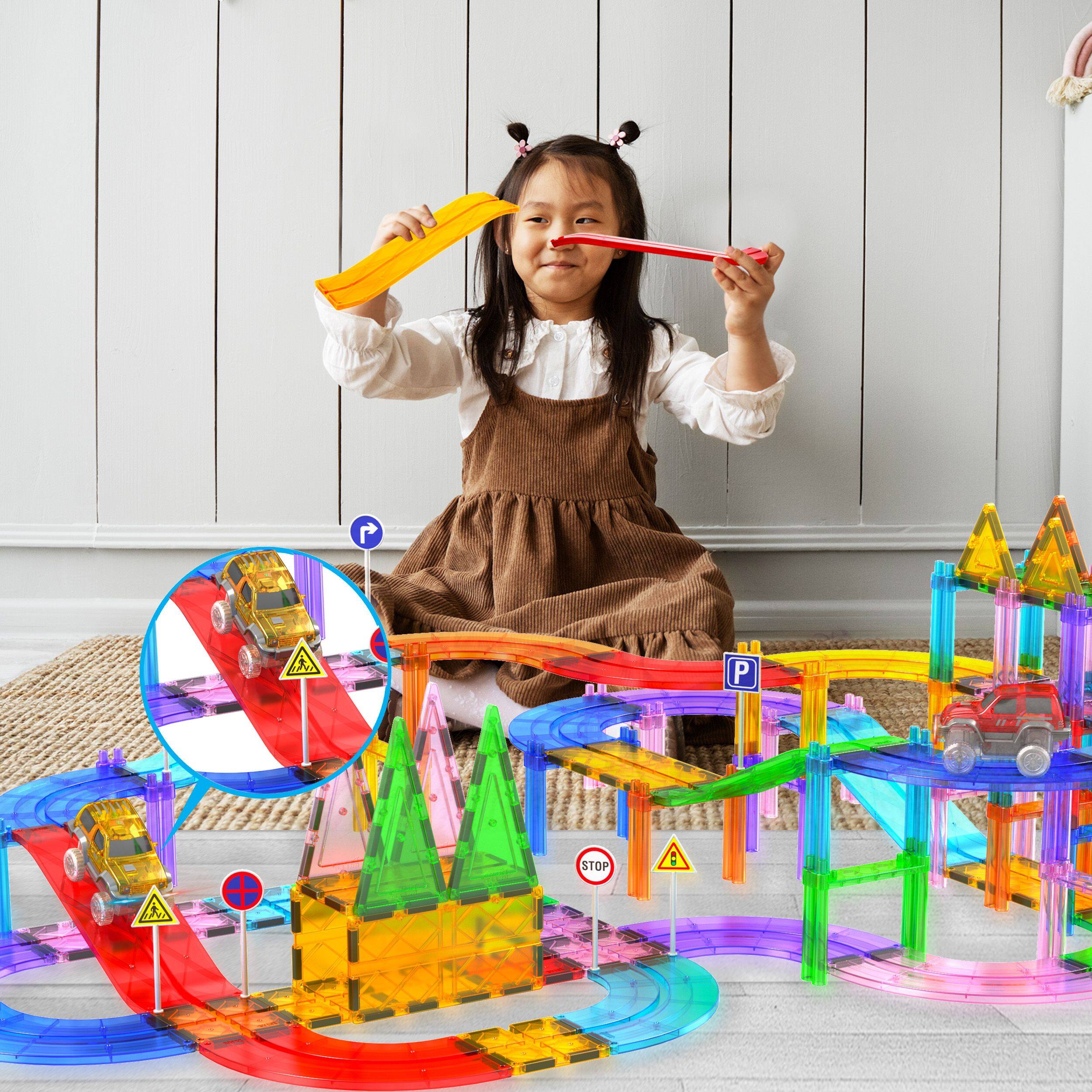 Alt View 2. PicassoTiles - PICASSO-TILES Magnetic Tiles Race Track Add-Onn Expansion Set for Kids, Racing Ramp Extension STEM Toy, 6PCS - Multicolor.