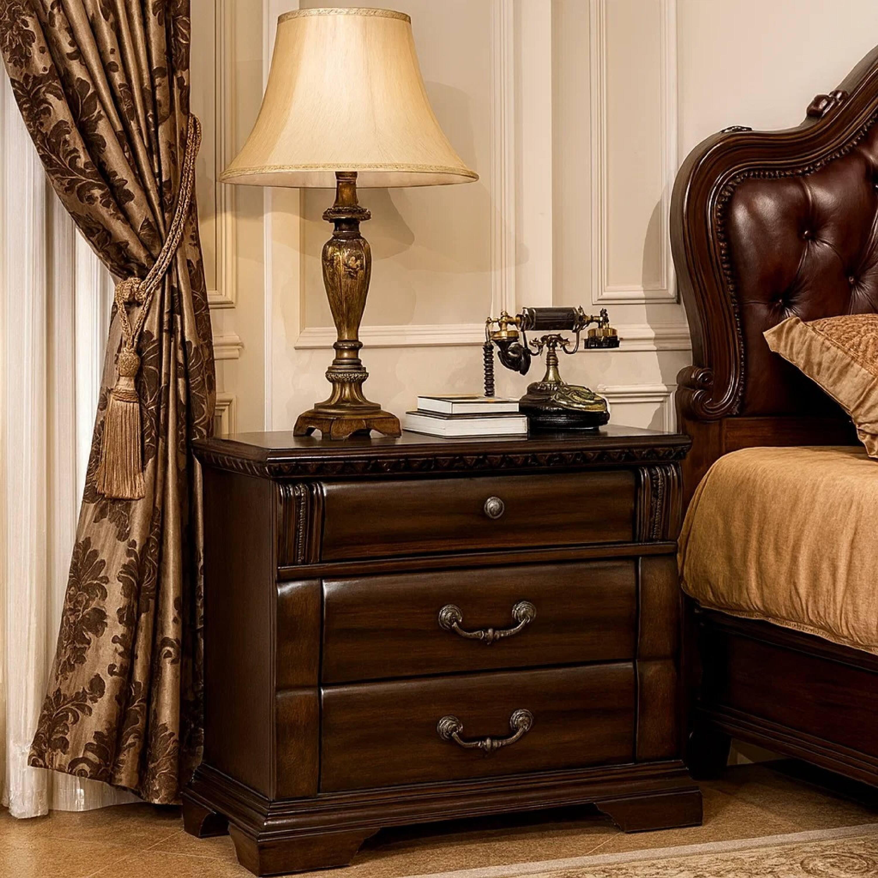 Alt View 5. Manhattan Lane - 28 Inch Bedside Nightstand, 3 Drawers with Pewter Handles - Cherry Brown, Pewter.