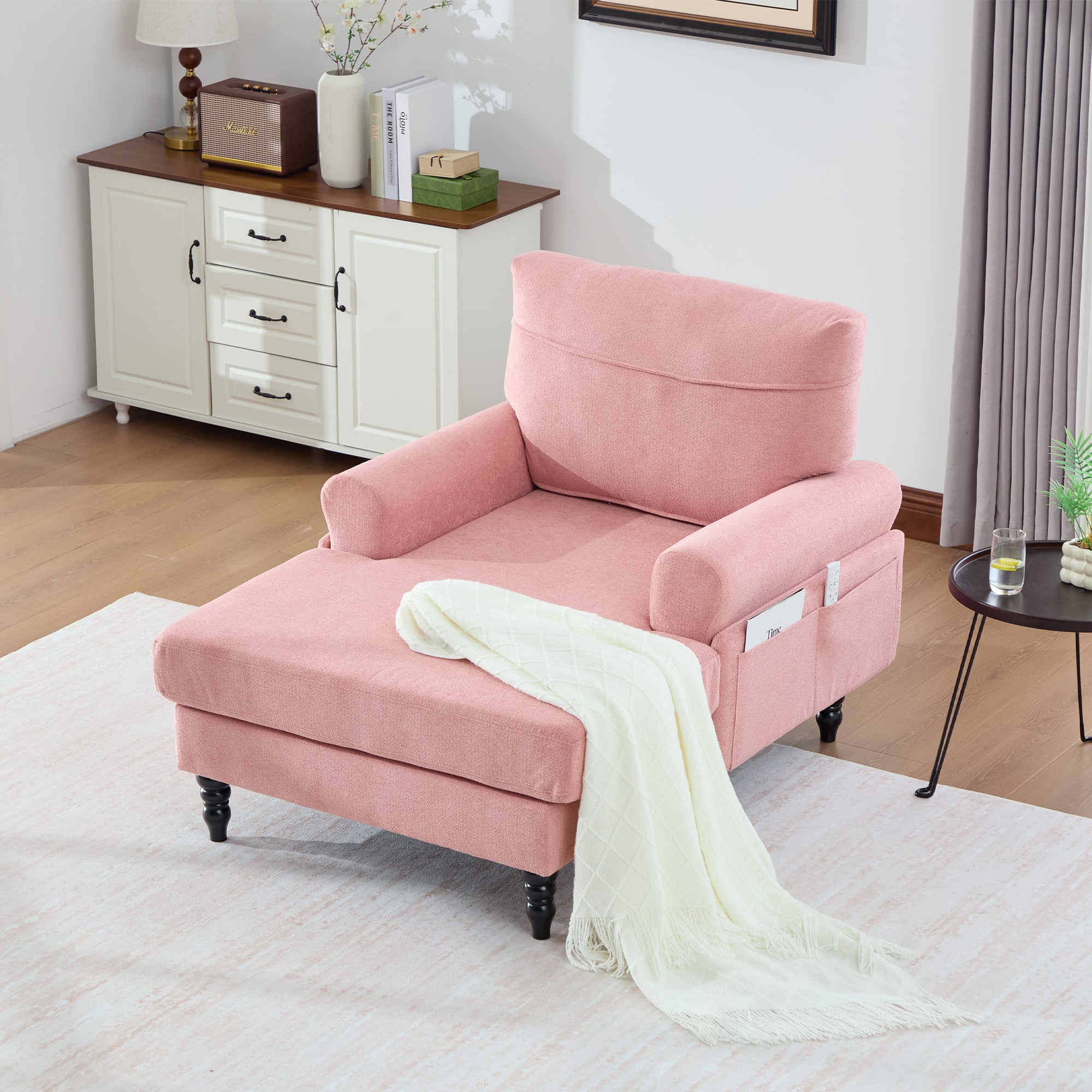 Trinkets Crazed - Chenille Fabric Chaise Lounge Recliner Single Sofa Living Room Bedroom Rest Chair Wooden Sofa Legs - Pink