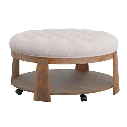 Front. Manhattan Lane - Gus 41 Inch Ottoman Coffee Table, Button Tufted Beige Fabric, Brown Wood - Brown, Beige.