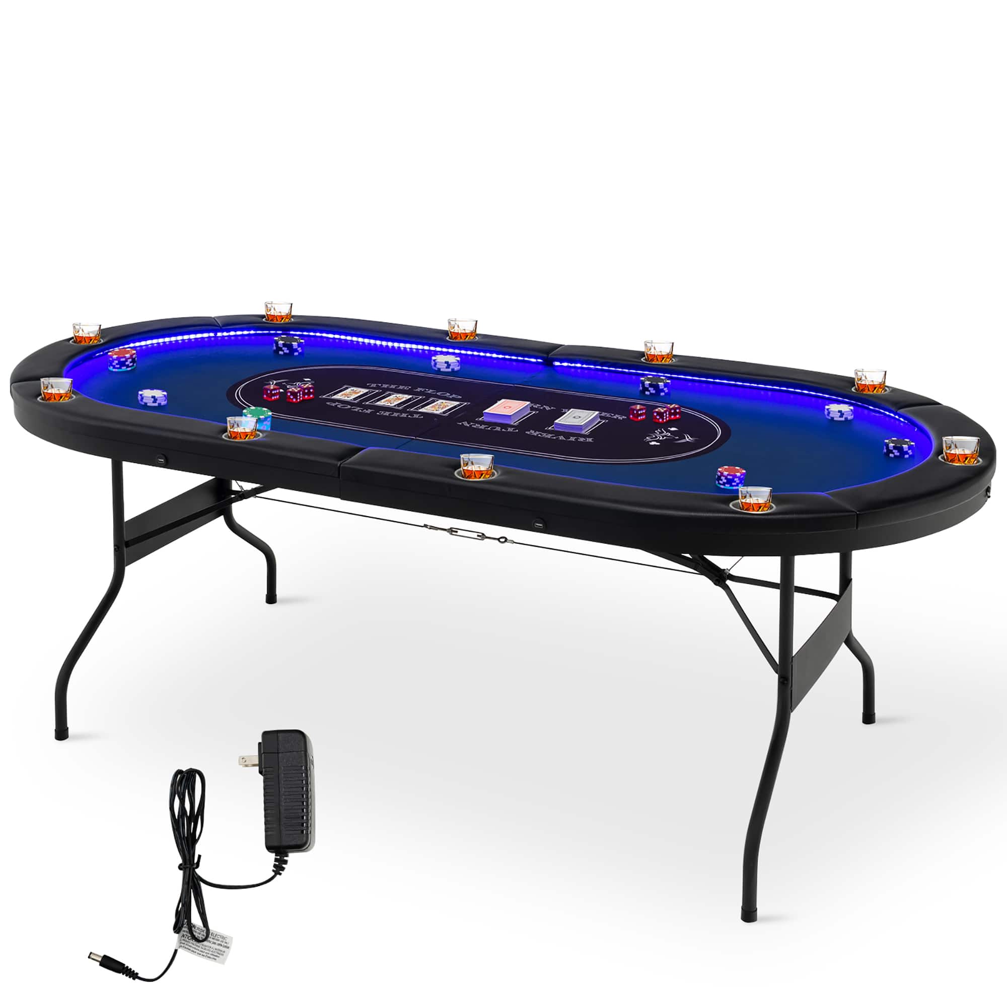 Costway - Foldable 10 Player Poker Table Casino Texas Holdem W/ LED Lights USB Ports - Blue + Black