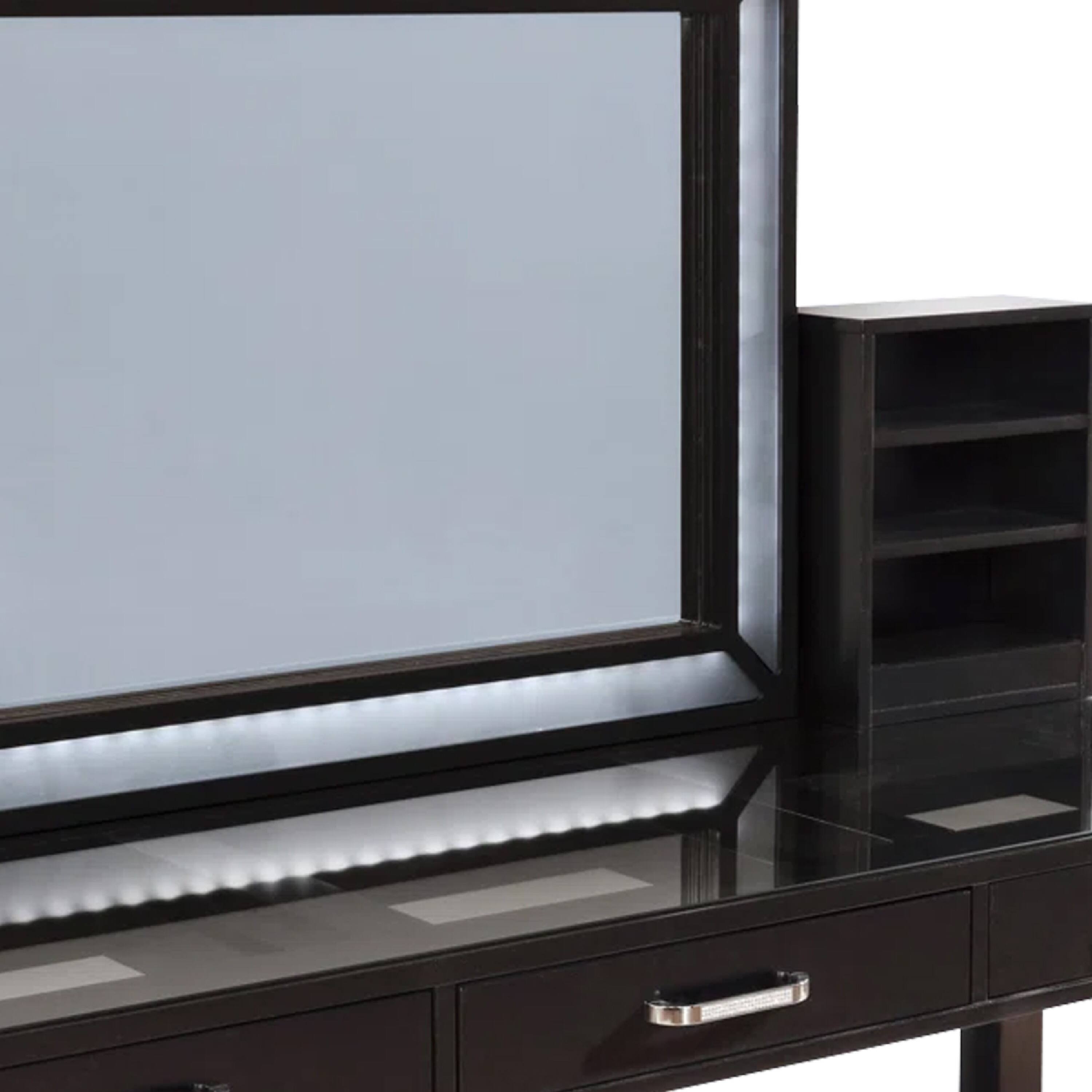 Alt View 2. Manhattan Lane - Jexo 3pc Cherry Vanity Table Set with LED Mirror, 3 Drawer, Gray Padded Stool - Brown, Gray.